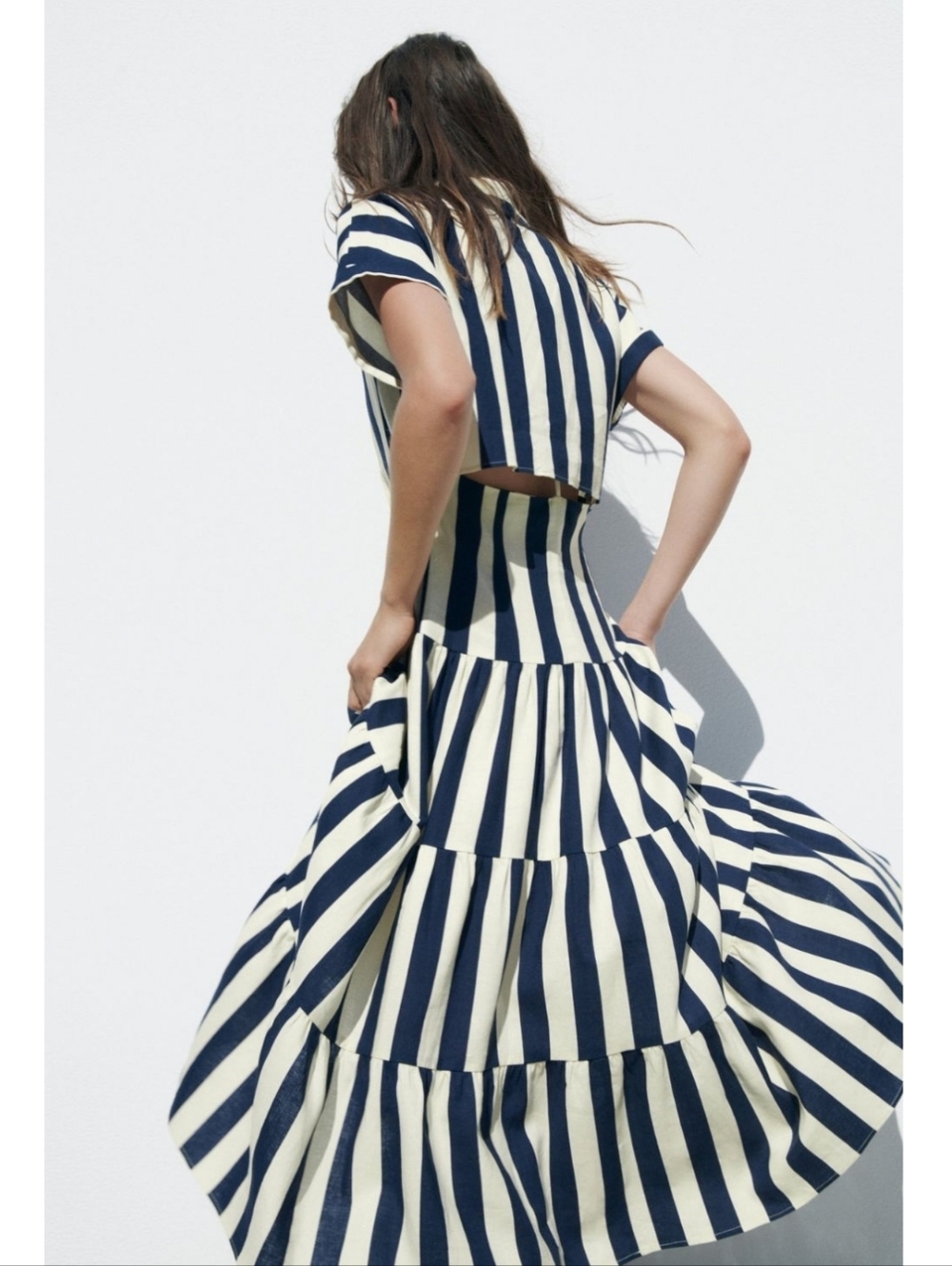Zara Striped Tiered Linen Blend Cut Out Midi Shirt Dress Nautical Coastal Boho - Picture 4 of 16